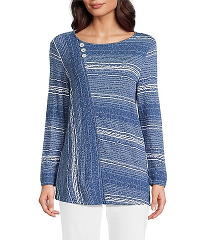 Ali Miles Petite Size Textured Knit Round Neck 3/4 Sleeve Top