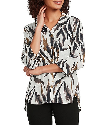 Ali Miles Petite Size Textured Knit Zebra Print Point Collar 3/4 Sleeve Hi-Low Hem Button Front Tunic