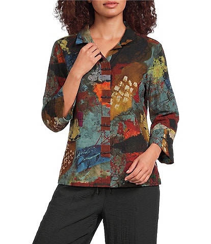 Ali Miles Petite Size Textured Woven Abstract Multi Print Wire Collar 3/4 Sleeve Button-Front Top