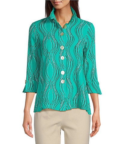 Ali Miles Petite Size Wavy Dotted Lines Print Wire Collar 3/4 Cuffed Sleeve Button-Front Shirt