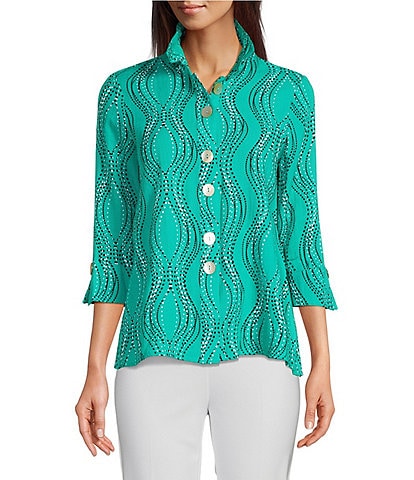 Ali Miles Petite Size Wavy Dotted Lines Print Wire Collar 3/4 Cuffed Sleeve Button-Front Shirt