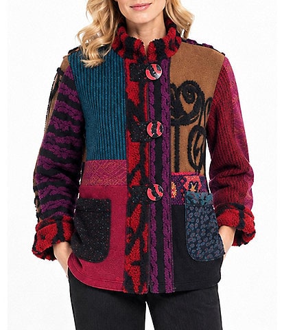 Ali Miles Petite Size Woven Abstract Mix Media Stand Collar Long Sleeve Button-Front Jacket
