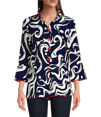 Ali Miles Petite Size Woven Abstract Print 3/4 Bell Cuffed Sleeve Button Front Tunic