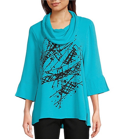 Ali Miles Petite Size Woven Abstract Print Cowl Neck 3/4 Sleeve High-Low Hem Pop Over Tunic