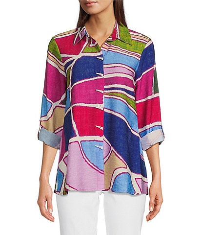 Ali Miles Petite Size Woven Abstract Print Point Collar Roll-Tab Sleeve Button-Front Tunic