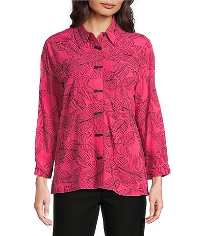 Ali Miles Petite Size Woven Allover Floral Embroidered Point Collar 3/4 Sleeve Button Front Tunic