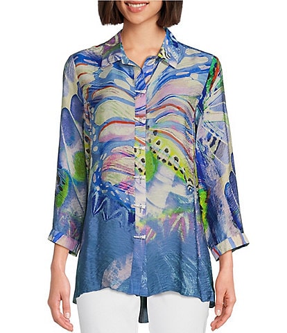 Ali Miles Petite Size Woven Butterfly Printed Point Collar 3/4 Sleeve High-Low Hem Button-Front Tunic