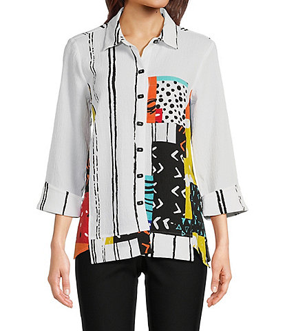 Ali Miles Petite Size Woven Crinkle Multi Abstract Print Point Collar 3/4 Sleeve Asymmetrical Hem Button-Front Tunic