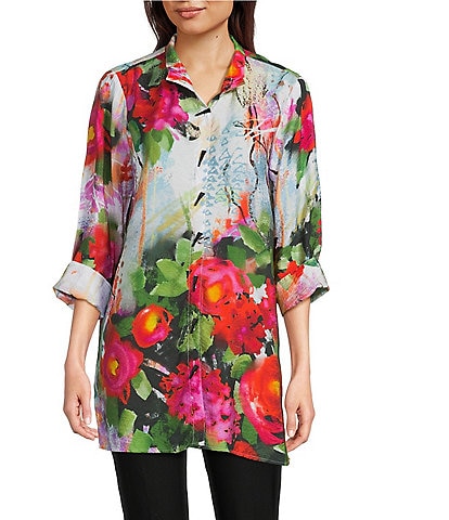 Ali Miles Petite Size Woven Floral Wire Neck 3/4 Cuff Sleeve Button-Front Tunic