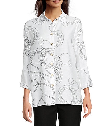 Ali Miles Petite Size Woven Geometric Print Point Collar 3/4 Sleeve Button Front Tunic