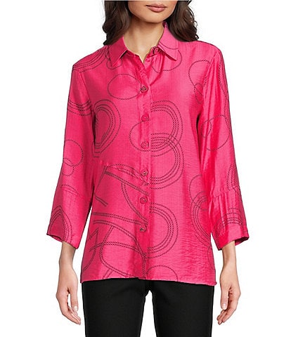 Ali Miles Petite Size Woven Geometric Print Point Collar 3/4 Sleeve Button Front Tunic