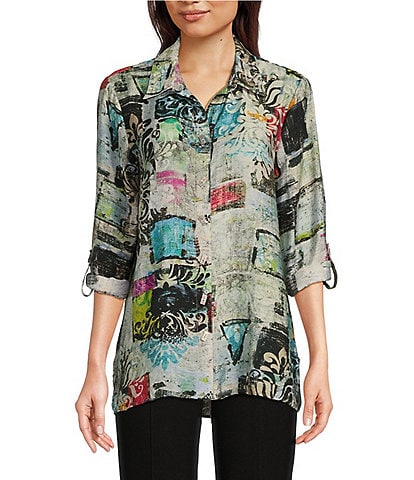 Ali Miles Petite Size Woven Impasto Abstract Print Point Collar 3/4 Roll-Tab Sleeve Hi-Low Hem Button-Front Tunic