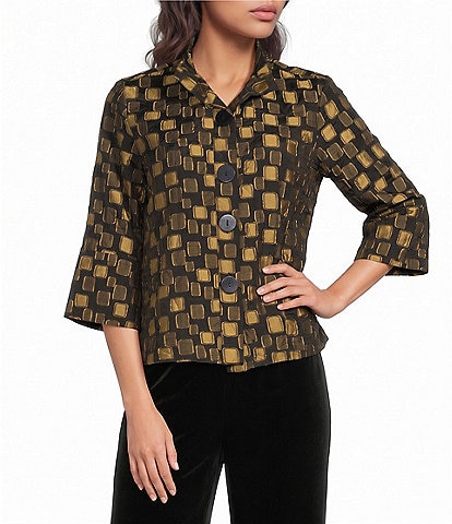 Ali Miles Petite Size Woven Jacquard Gold Dot Wire Collar 3/4 Sleeve Button Front Jacket