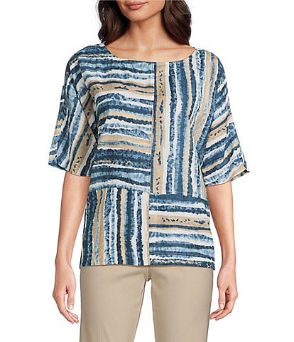 Ali Miles Petite Size Woven Linen Blend Abstract Stripe Round Neck Elbow Sleeve Sharkbite Hem Tunic