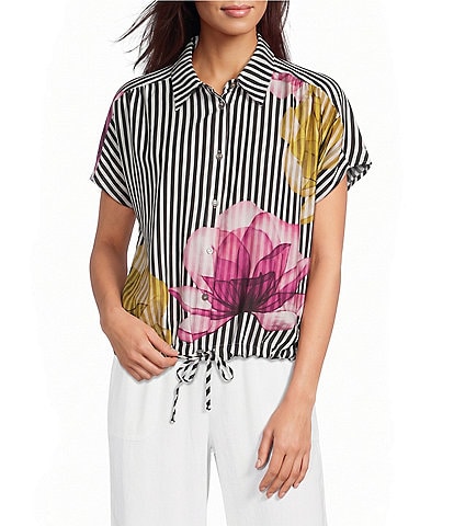 Ali Miles Petite Size Woven Stripe Floral Point Collar Short Dolman Sleeve Drawstring Hem Button-Front Shirt