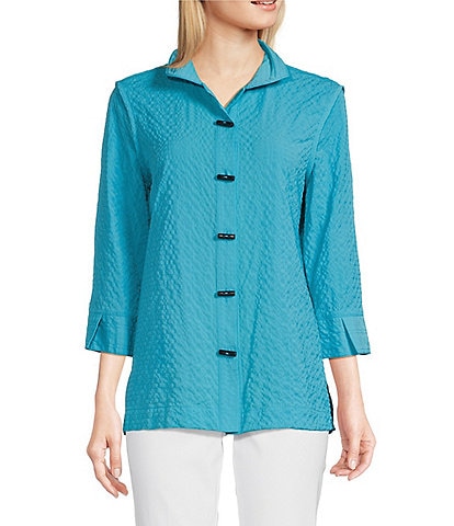Ali Miles Petite Size Woven Textured Wire Collar 3/4 Sleeve Button Front Tunic
