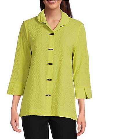 Ali Miles Petite Size Woven Textured Wire Collar 3/4 Sleeve Button Front Tunic