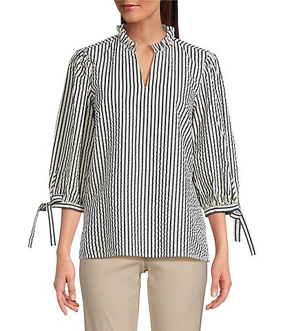 Ali Miles Petite Size Woven Yarn-Dye Stripe Ruffle V-Neck 3/4 Tie Sleeve Blouse