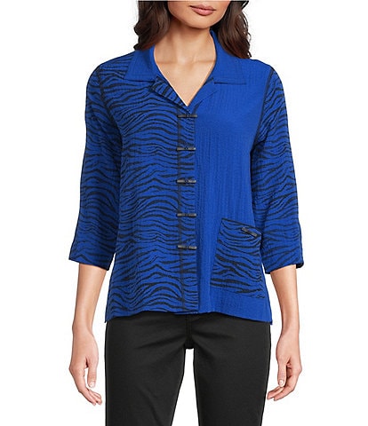 Ali Miles Petite Size Woven Zebra Colorblock Point Collar 3/4 Sleeve Button Front Tunic