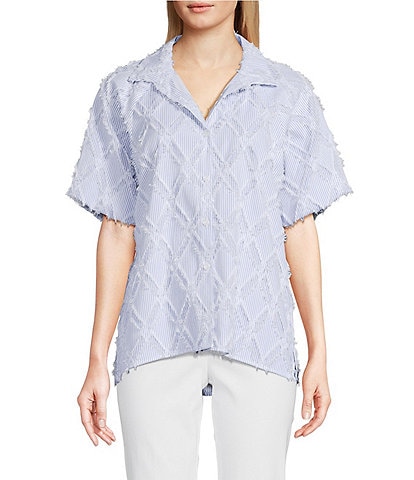 Ali Miles Petite Size Yarn-Dye Clipped Jacquard Printed Point Collar Short Sleeve Button Front Shirt