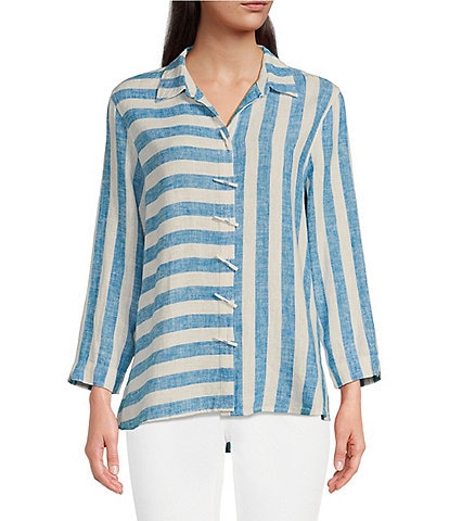 Ali Miles Petite Size Yarn Dye Stripe Print Point Collar 3/4 Sleeve High-Low Hem Button-Front Tunic