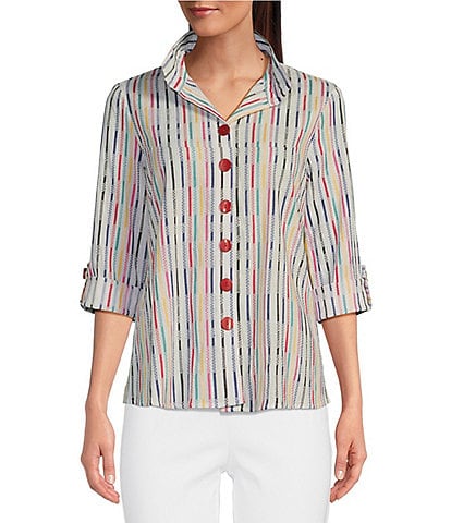 Ali Miles Petite Size Yarn-Dye Textured Stripe Wire Collar Long Roll-Tab Sleeve High-Low Hem Button-Front Top