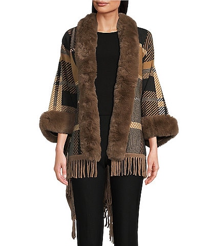 Ali Miles Plaid Faux-Fur Trim Fringe Hem Cozy Open-Front Jacket