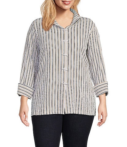 Ali Miles Plus Size Stripe Print Wire Collar 3/4 Sleeve Button Front Crinkle Woven Tunic