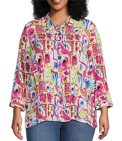 Ali Miles Plus Size Abstract Block Print Point Collar 3/4 Sleeve Curved Hem Tunic