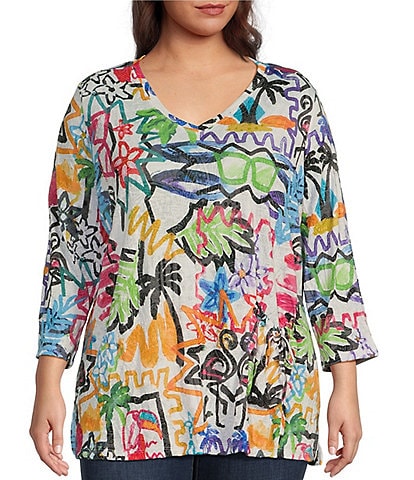 Ali Miles Plus Size Abstract Doodle Art Print Crinkle Knit V-Neck 3/4 Sleeve Pop Over Tunic