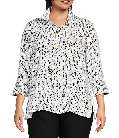Ali Miles Plus Size Abstract Dot Print Woven Wire Collar 3/4 Sleeve Button-Front Tunic