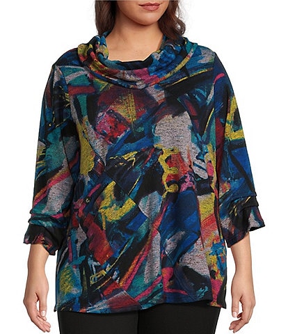 Ali Miles Plus Size Abstract Multi Color Knit Print Hacci Cowl Neck 3/4 Sleeve Pocket Tunic