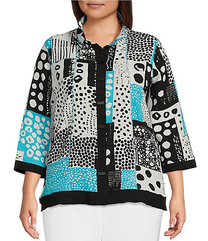 Ali Miles Plus Size Abstract Patchwork Print Wire Collar 3/4 Sleeve Button-Front Tunic