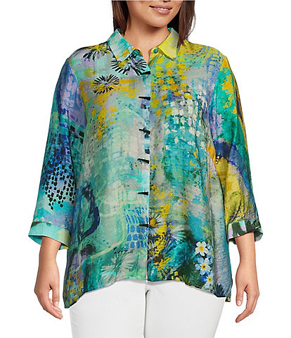 Ali Miles Plus Size Abstract Print Point Collar 3/4 Sleeve Button-Front Tunic