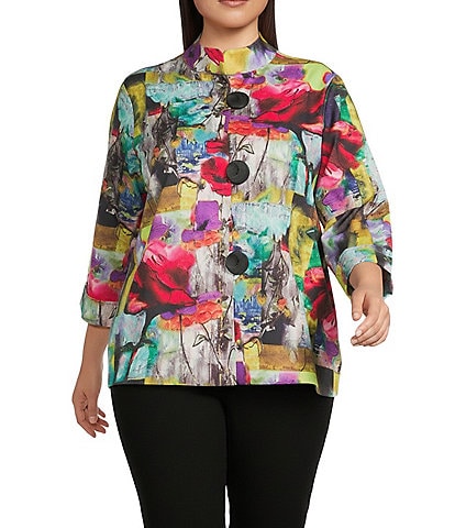 Ali Miles Plus Size Abstract Print Stand Collar 3/4 Sleeve Button-Front Jacket