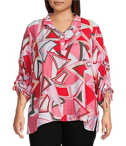 Ali Miles Plus Size Abstract Print Wire Collar 3/4 Cinch Tie Sleeve Tunic