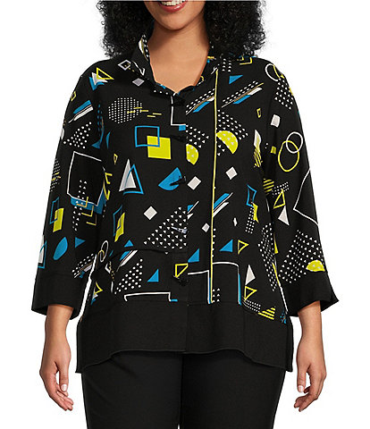 Ali Miles Plus Size Abstract Print Wire Collar 3/4 Sleeve Uneven Hem Button-Front Tunic
