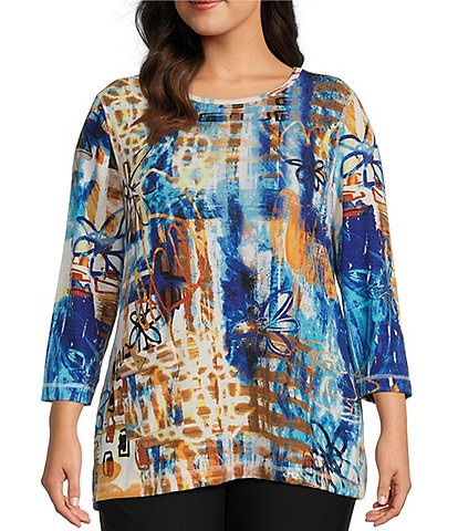 Ali Miles Plus Size Abstract Print Woven Scoop Neck 3/4 Sleeve Pop Over Tunic
