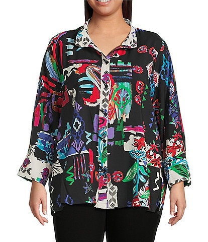 Ali Miles Plus Size Abstract Printed Woven Wire Collar 3/4 Sleeve Button Front Tunic