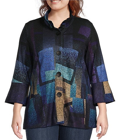 Ali Miles Plus Size Abstract Shimmer Woven Wire Collar 3/4 Bell Cuffed Sleeve Tunic Jacket