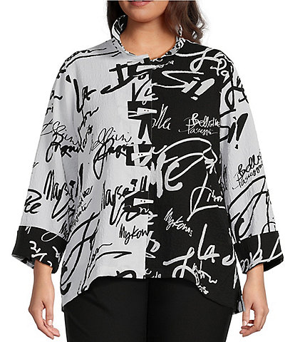 Ali Miles Plus Size Abstract Word Art Print Crinkle Woven Wire Collar 3/4 Sleeve Button-Front Tunic Jacket