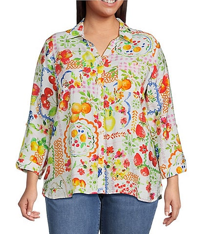 Ali Miles Plus Size Allover Multi Fruit Print Point Collar 3/4 Roll-Tab Sleeve Button-Front Shirt