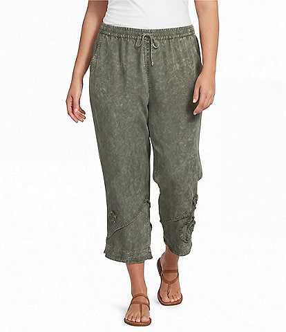 Ali Miles Plus Size Coordinating Applique Drawstring Straight Pull-On Pants