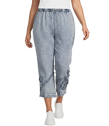 Ali Miles Plus Size Applique Drawstring Straight Pull-On Pants