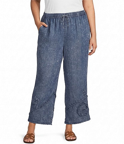 Ali Miles Plus Size Coordinating Applique Drawstring Straight Pull-On Pants