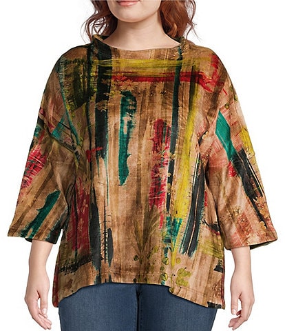 Ali Miles Plus Size Chenille Knit Printed Crew Neck 3/4 Dolman Sleeve Tunic