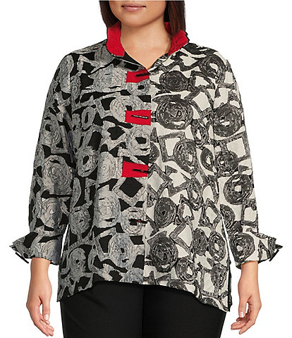 Ali Miles Plus Size Clipped Jacquard Abstract Circle Contrast Wire Collar 3/4 Sleeve Button-Front Jacket