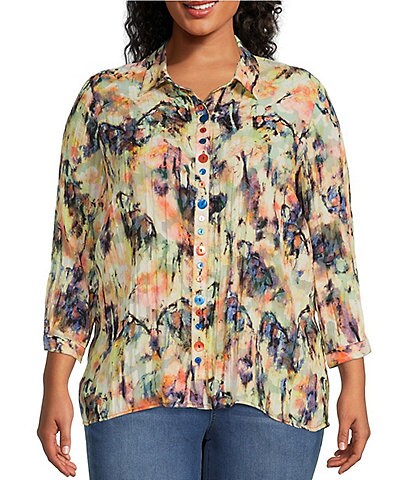 Ali Miles Plus Size Clipped Jacquard Woven Abstract Print Collared Neck 3/4 Sleeve Button Front Tunic
