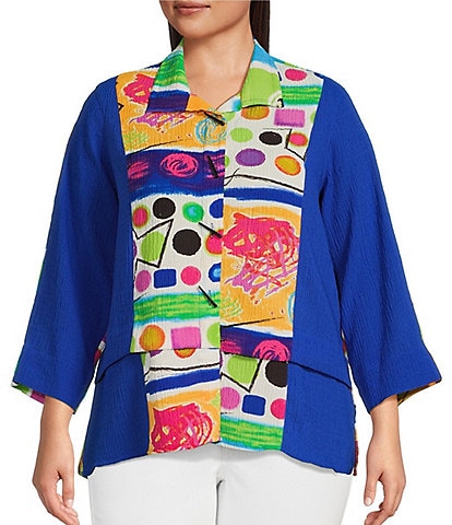 Ali Miles Plus Size Color Blocked Abstract Point Collar 3/4 Sleeve High-Low Hem Jacket