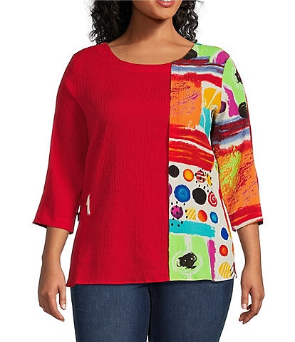 Ali Miles Plus Size Color Blocked Abstract Print 3/4 Sleeve Blouse